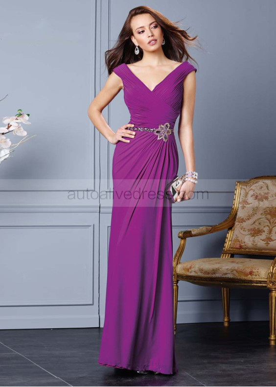 Dark Fuchsia Chiffon V Neck Long Prom Dress 